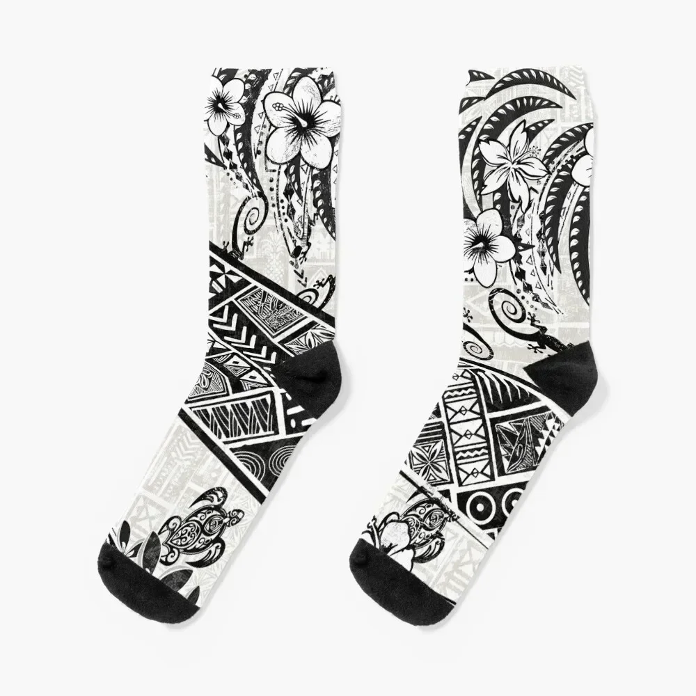 Black And White Polynesian Tribal Distressed Socks Run anti slip football Boy Socks Women's