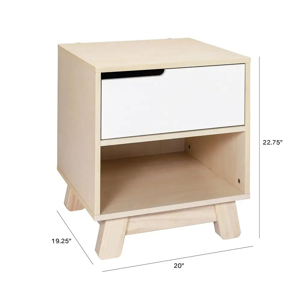 Nightstand with USB Port in Washed Natural and White, 1 Drawer and Storage Cubby