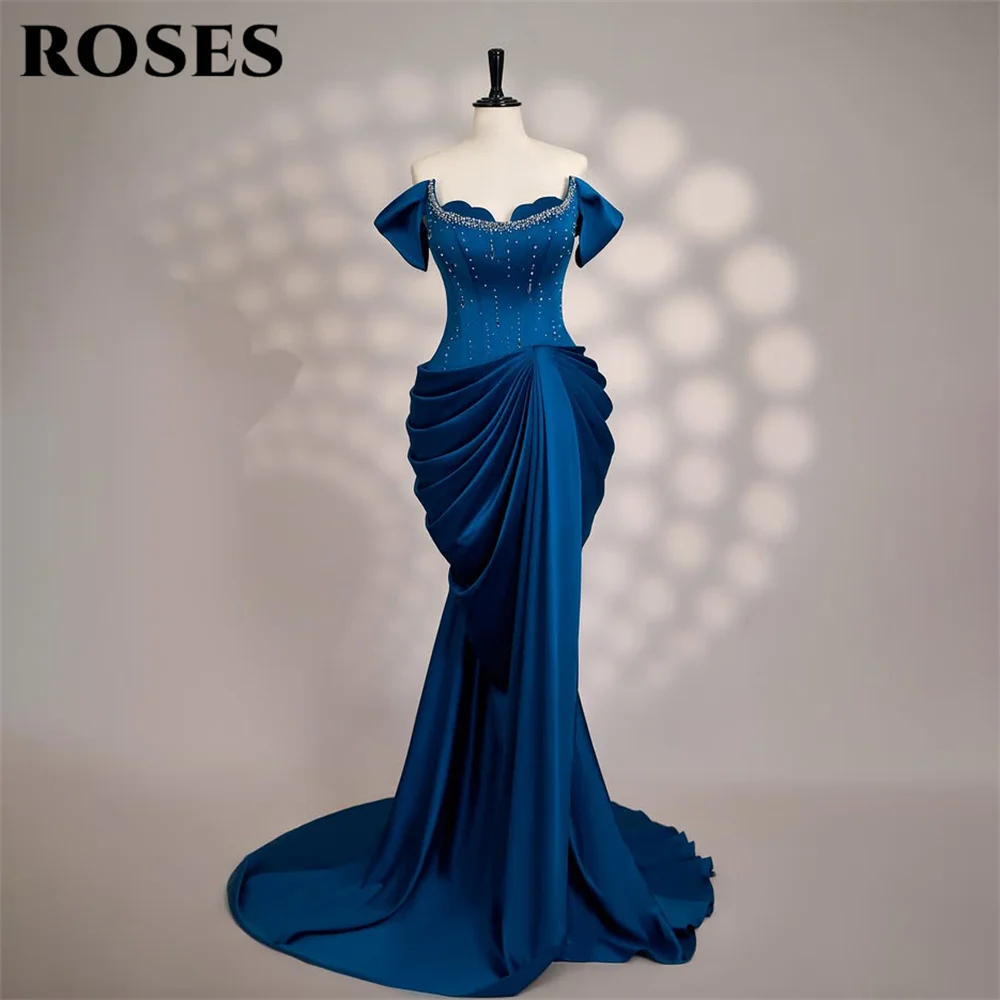 

ROSES Blue Party Dress Off Shoulder Evening Dress Beaded فستان سهرة Draped Satin Mermaid Prom Gown for Women Customized