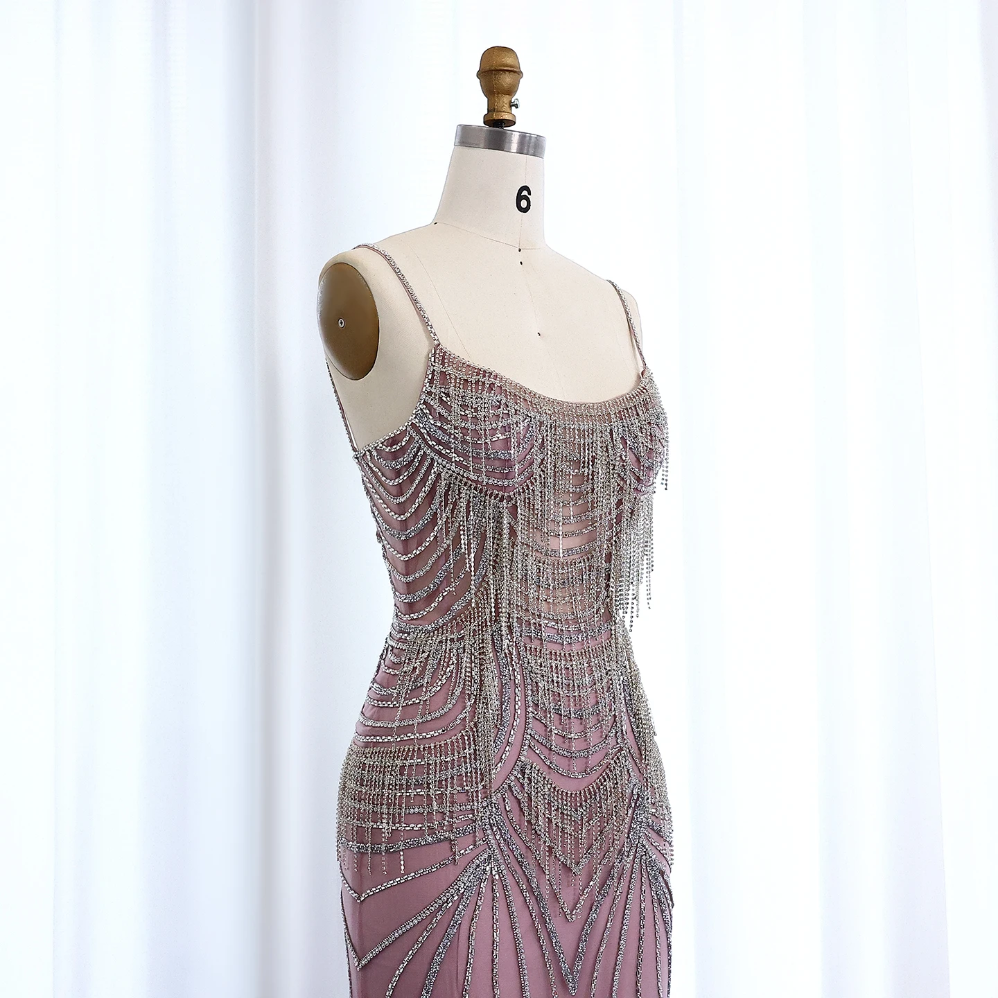 Sharon Said Luxuriöses Champagner-Abendkleid mit Spaghettiträgern, Perlenbesetztes Meerjungfrauenkleid, bodenlang, für formelle Anlässe und Partys, SS029, maßgeschneidert – Detail 24