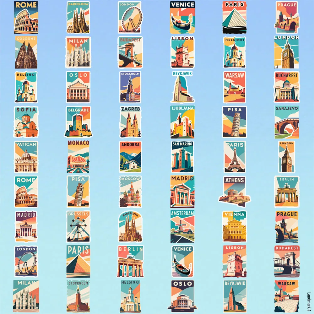 55PCS stamp-shaped Landmark Building Scenery Decoration Water Cup Handbook DIY Mobile Phone Case Sticker