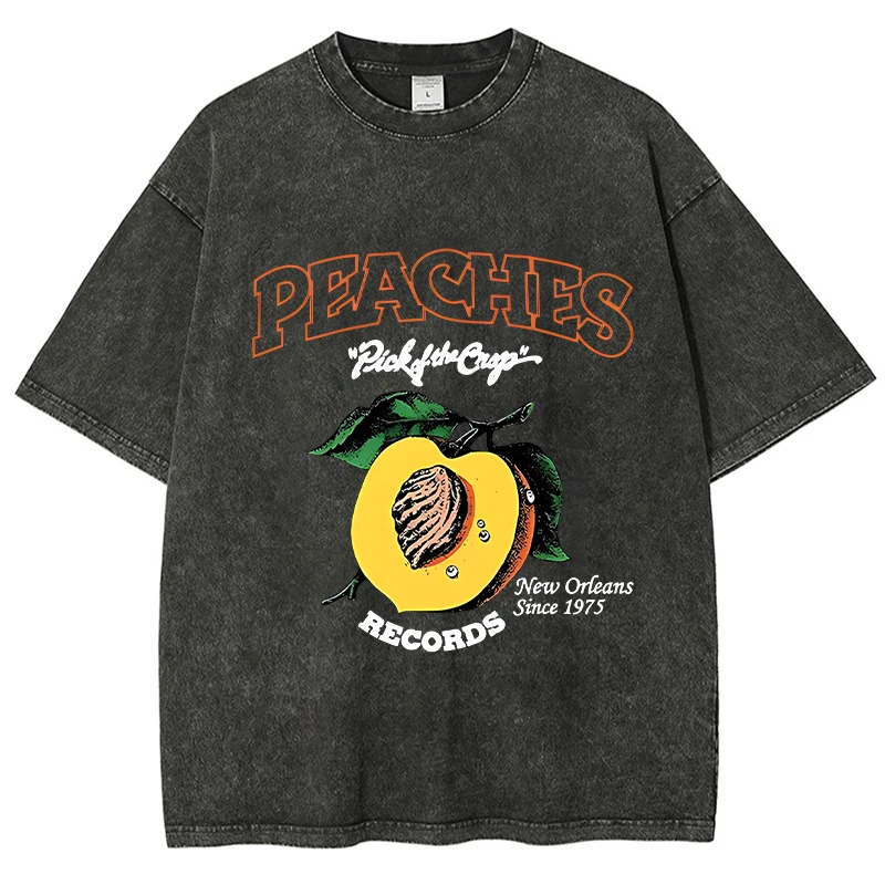 

Yellow Peach Pattern Printed T-Shirt For Men And Women Summer Pure Cotton Round Neck Short Sleeved Loose Unisex Multi-Color Top