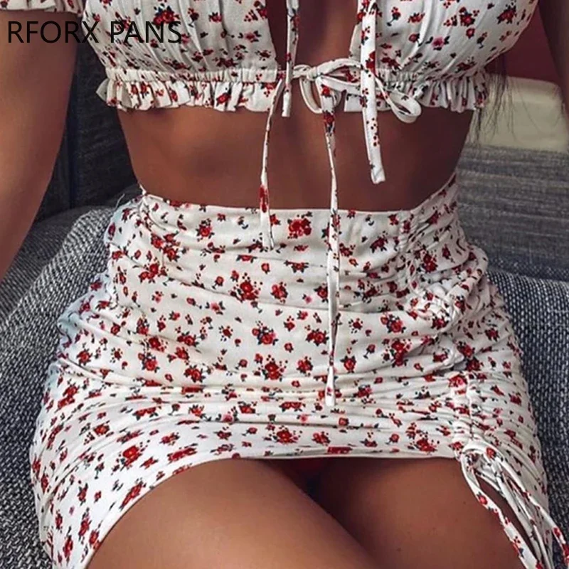 Women Suit Floral Tie Front Crop Short Top & Mini Skirt Set  Summer Suit