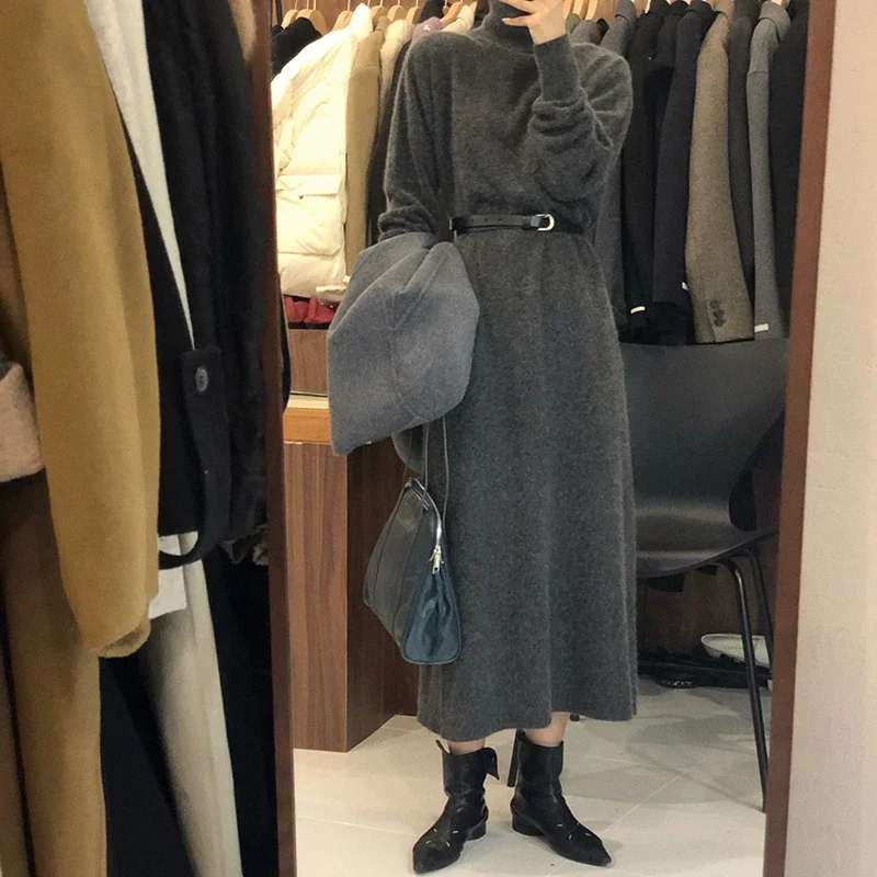 

Women's High Neck Ankle-Length Knit Skirt Temperament Cashmere Loose Slim Wool Dress for Autumn And Winter