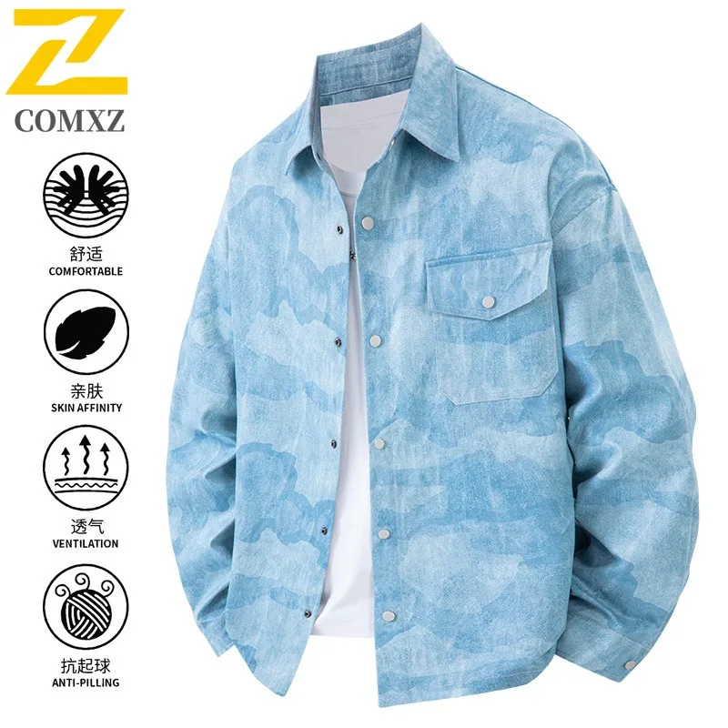 

COMXZ куртка мужская весенне-осенняя джинсовая куртка трендовая красивая рубашка с длинными рукавами с лацканами американская уличная винтажная стираная свободная посадка