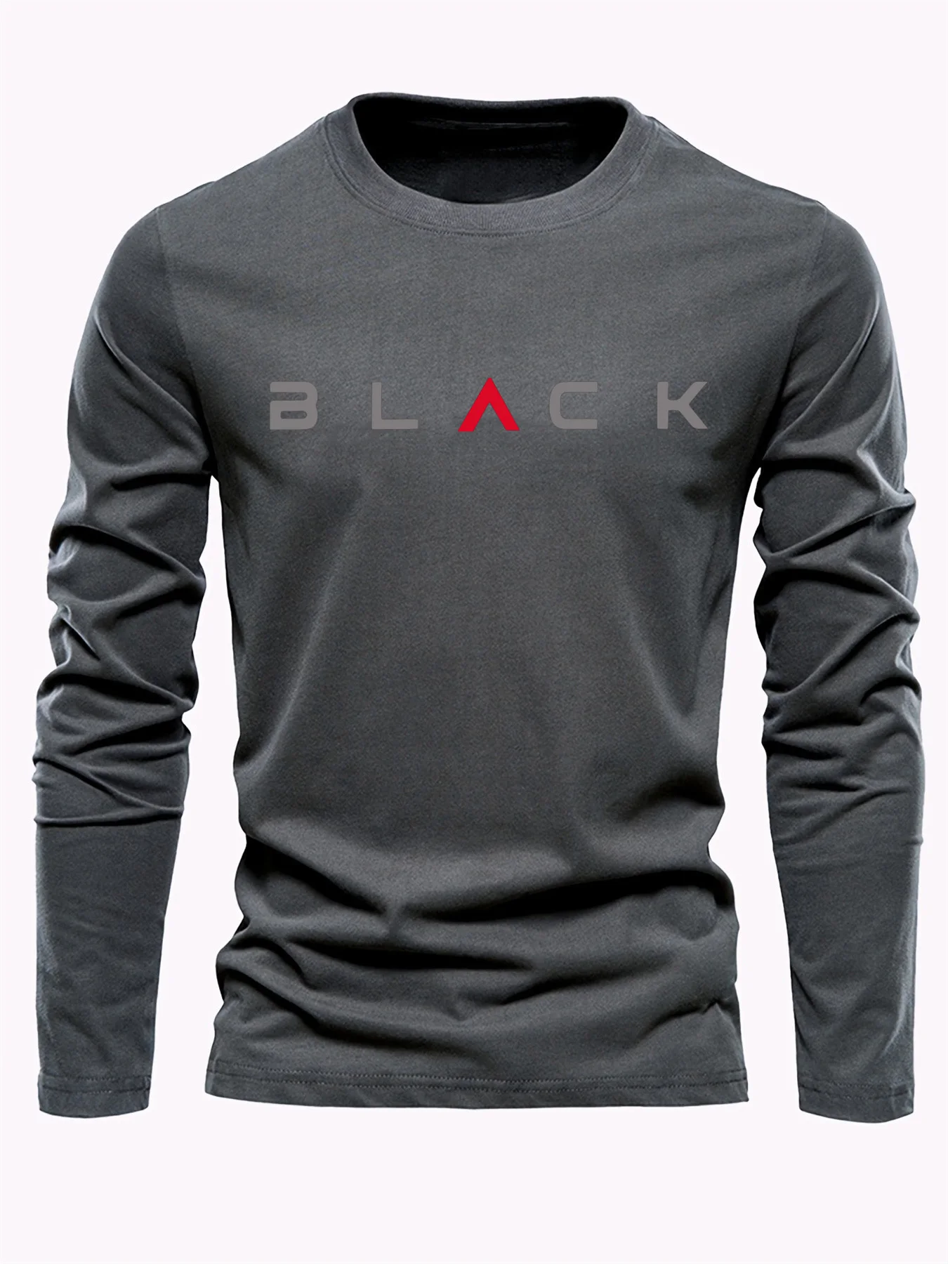 Men's 100% pure cotton loose fit plus size comfortable casual sports BLACK letter printed round neck long sleeved T-shirt top view 6