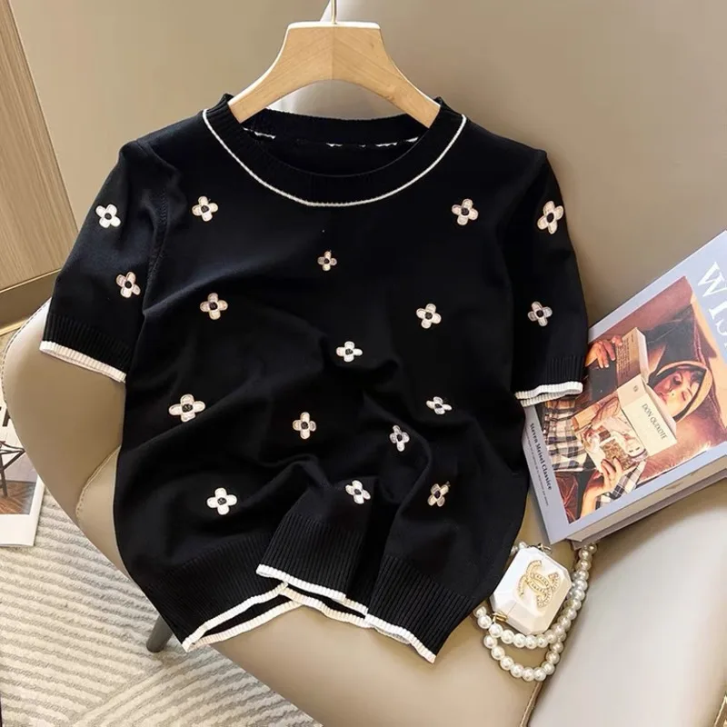 Short Sleeve Knitted Sweaters & Jumpers Summer Women\'s Korean Fashion Thin Knit Pullovers Casual Knitwear Tops Female Clothing