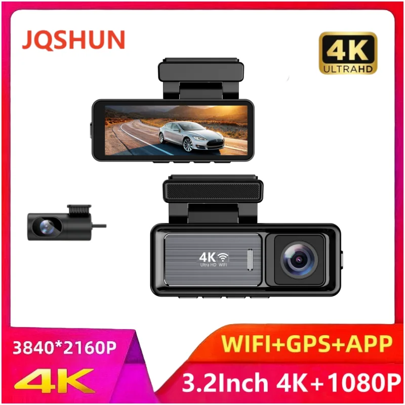 

4K 3,2-дюймовыйDash Cam с двумя объективами Ultra HD, настоящий автомобильный видеорегистратор, Wi-Fi, GPS, приложение, вид сзади, ночное видение, WDR, видеорегистратор, 24 часа, парковка