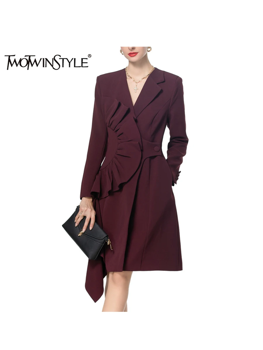 TWOTWINSTYLE Solid Patchwork Ruffles Temperament  Dresses For Women V Neck Long Sleeve High Waist Elegant Dress Female Fashion