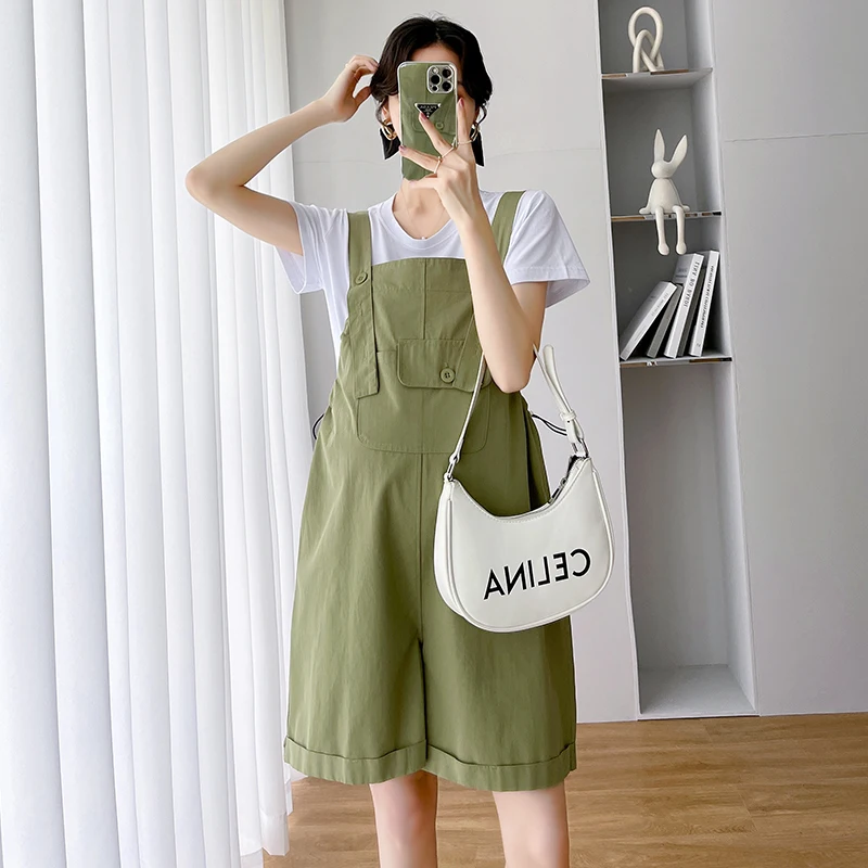 

Summer Plus Size Maternity Overalls with Pocket Drawstring Waist Pregnant Woman Jumpsuits Loose Fashion Wide Legs Rompers Green