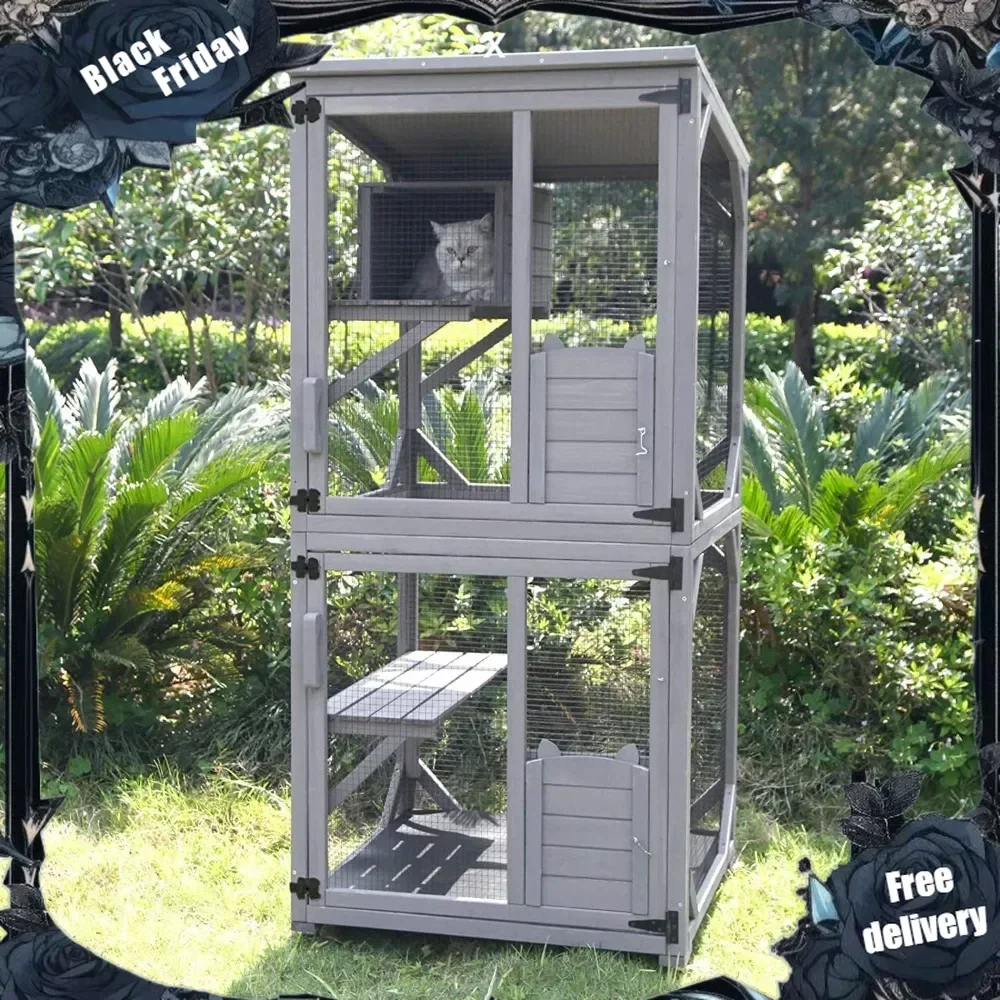 Cat Catio Outdoor Cat House Wooden Large Enclosure with Run on Wheels 70.9