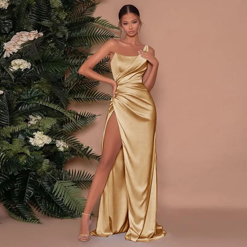 Elegant One Shoulder Evening Dress Designer Pleated Satin Champagne Prom Party Dress Sexy Side Split Robe De Mariée In Stock