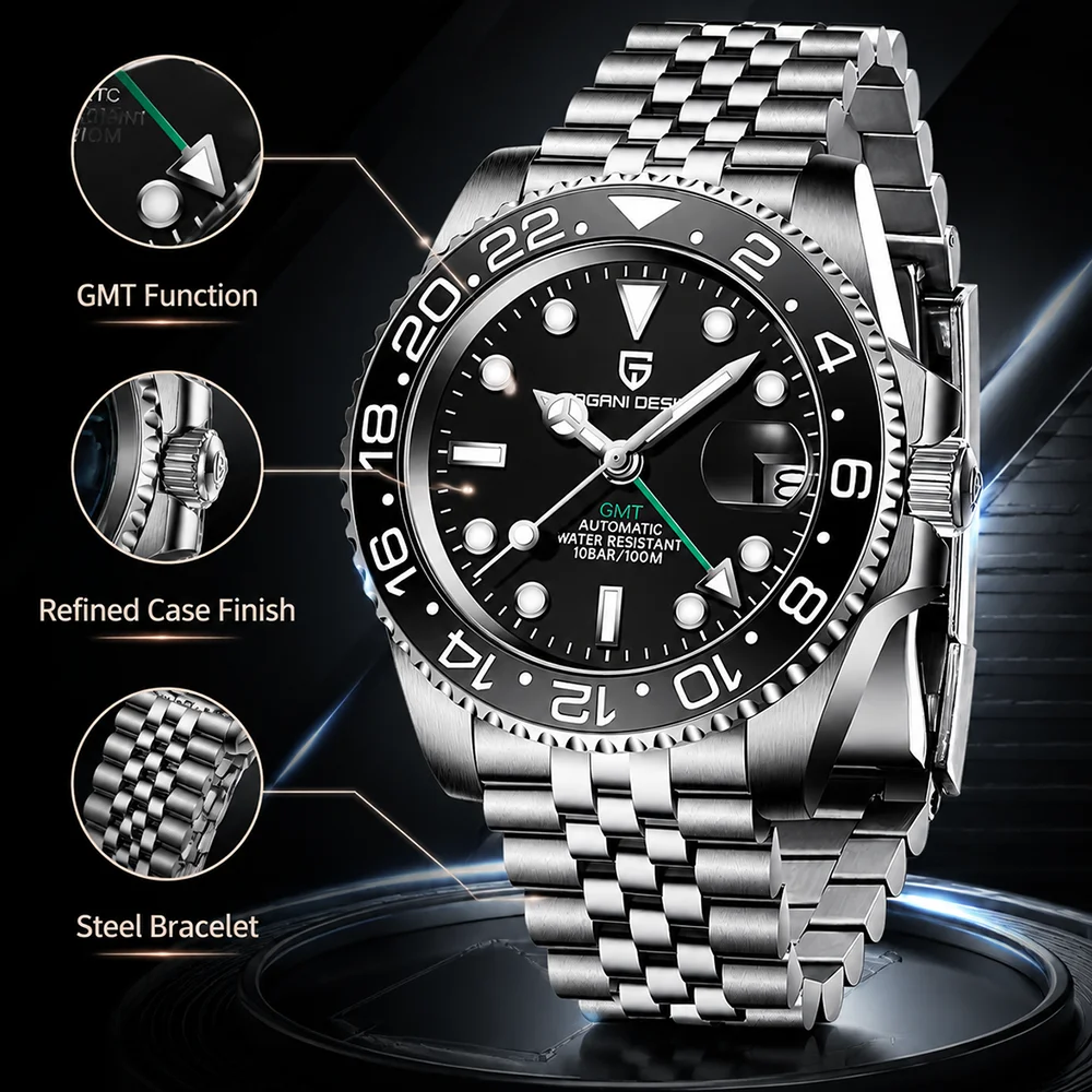 Luxury PAGANI DESIGN PD-1662 GMT Men Automatic Watch Ceramic Bezel Stainless Steel 100M Waterproof Business Sport Wristwatch