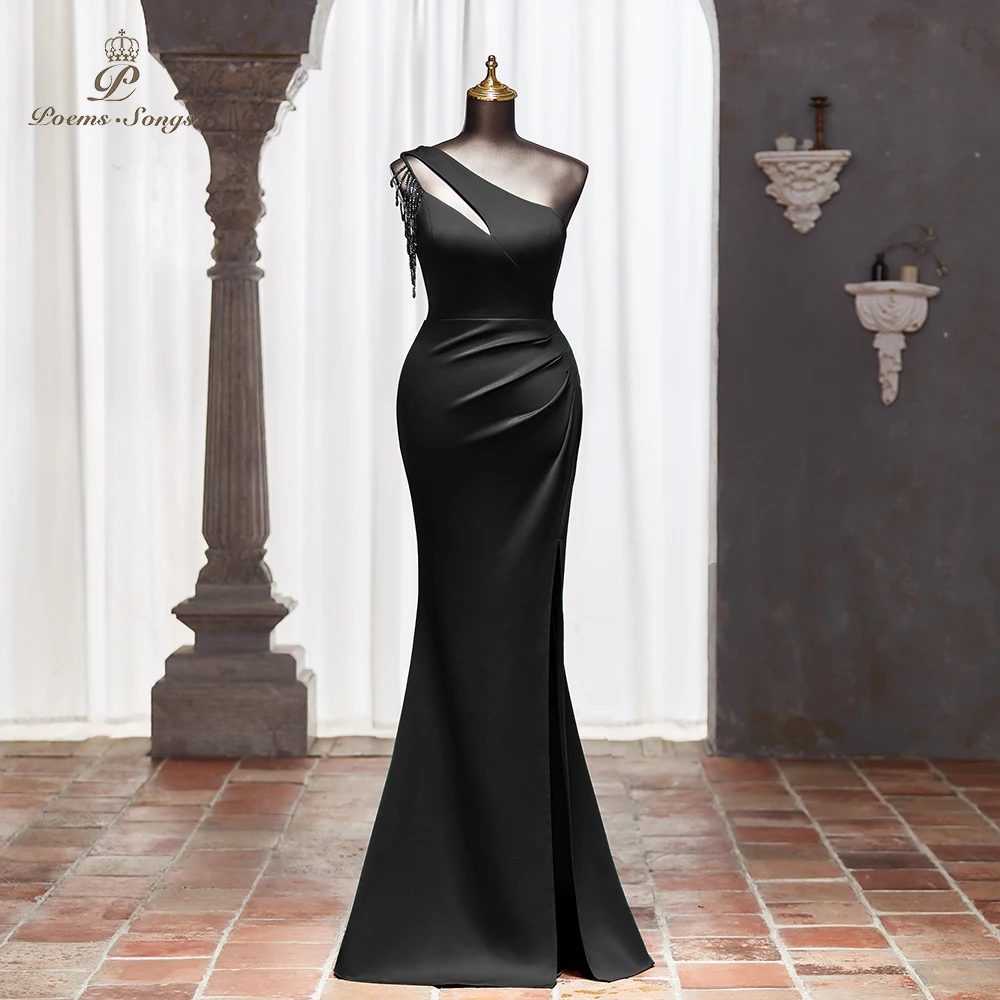 Poems Songs Black One-Shoulder Evening Dress with Beaded Sleeve and Draped Side, Slim Fit Elegant Gown vestidos de noche