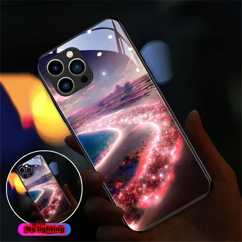 

Pretty Beach Smart LED Light Glow Tempered Glass Phone Case For iPhone 15 14 13 12 11 Pro Max X XS XR 8 7 6 Plus Luminous Cover