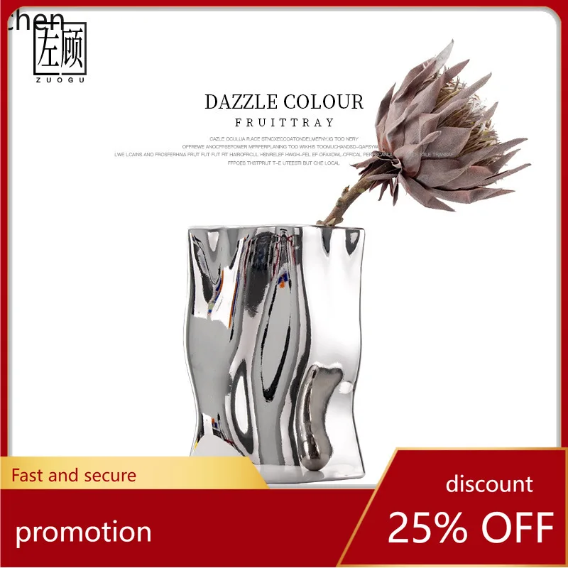 

HT Handmade Electroplated Ceramic Vase Desktop Ornament Flower Arrangement Modern Simple TV Cabinet Decoration Flower Vessel