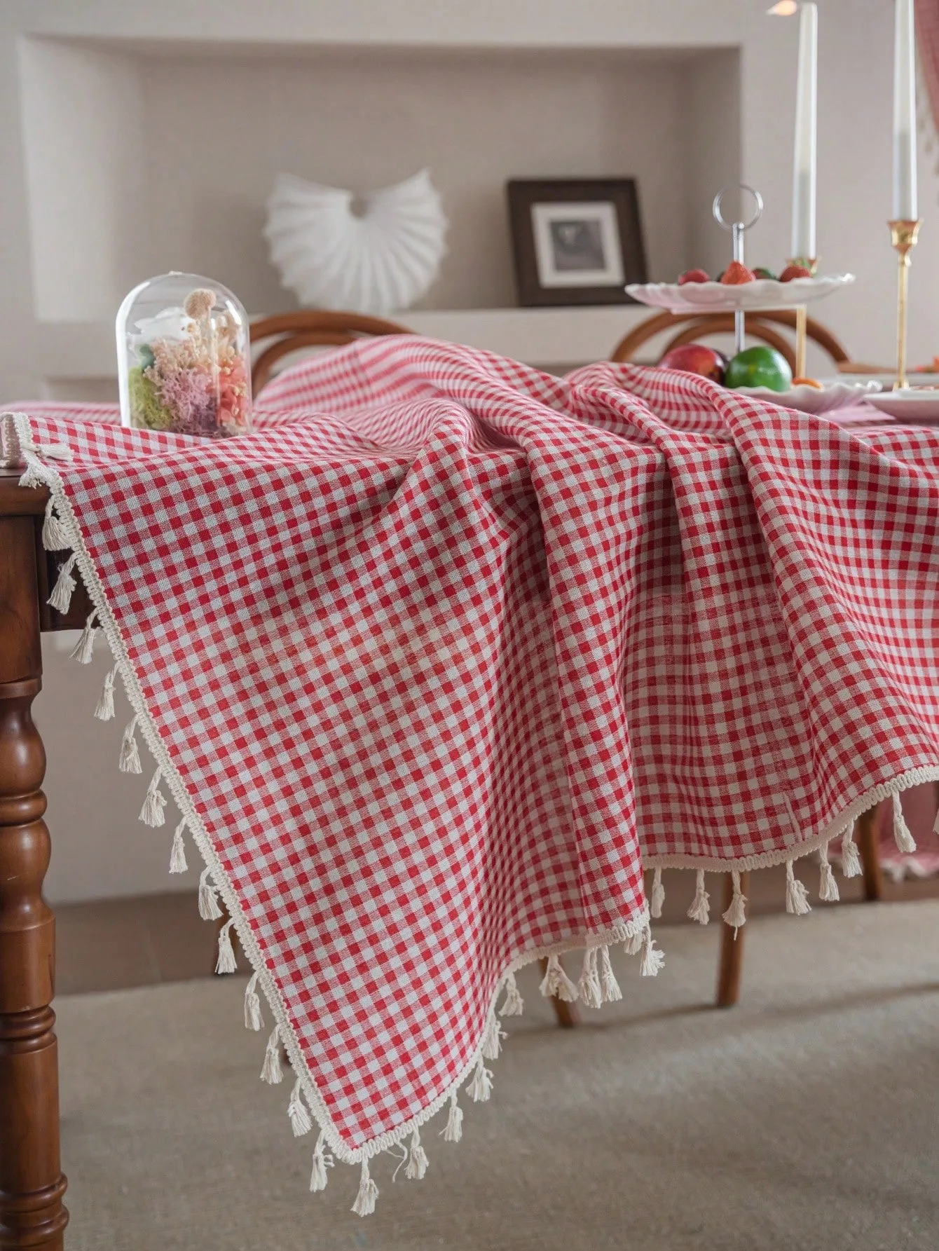 1 Stück elegante karierte Tischdecke mit Quastenrand, Bauernhaus-Stil, geeignet für Küche, Tisch, Feiertagsparty, Geburtstag, Hochzeitsdekoration