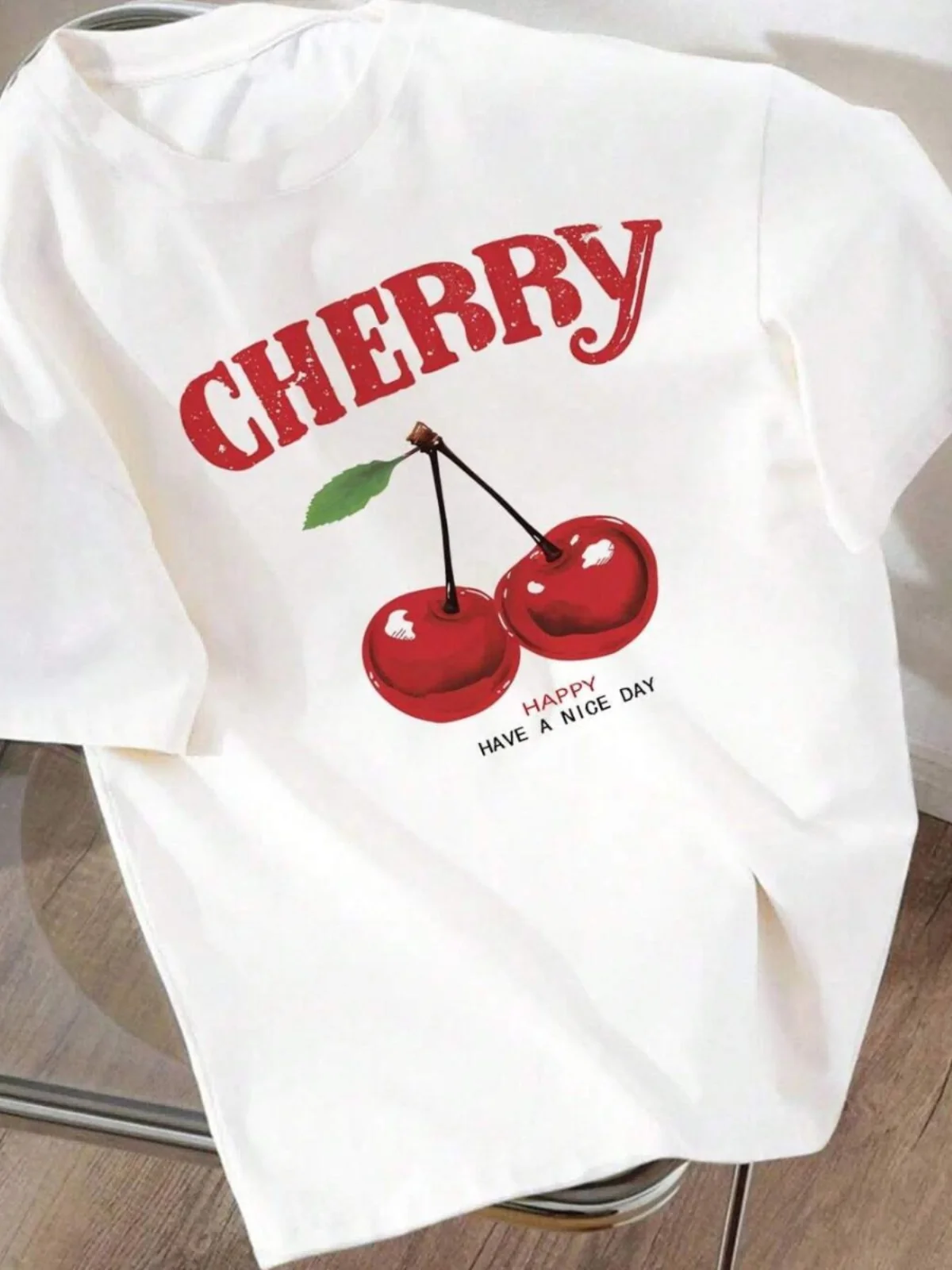 チェリープリントラウンドネック半袖ストリートスタイルルーズフィットTシャツレディースサマーカジュアルシャツ8-35歳