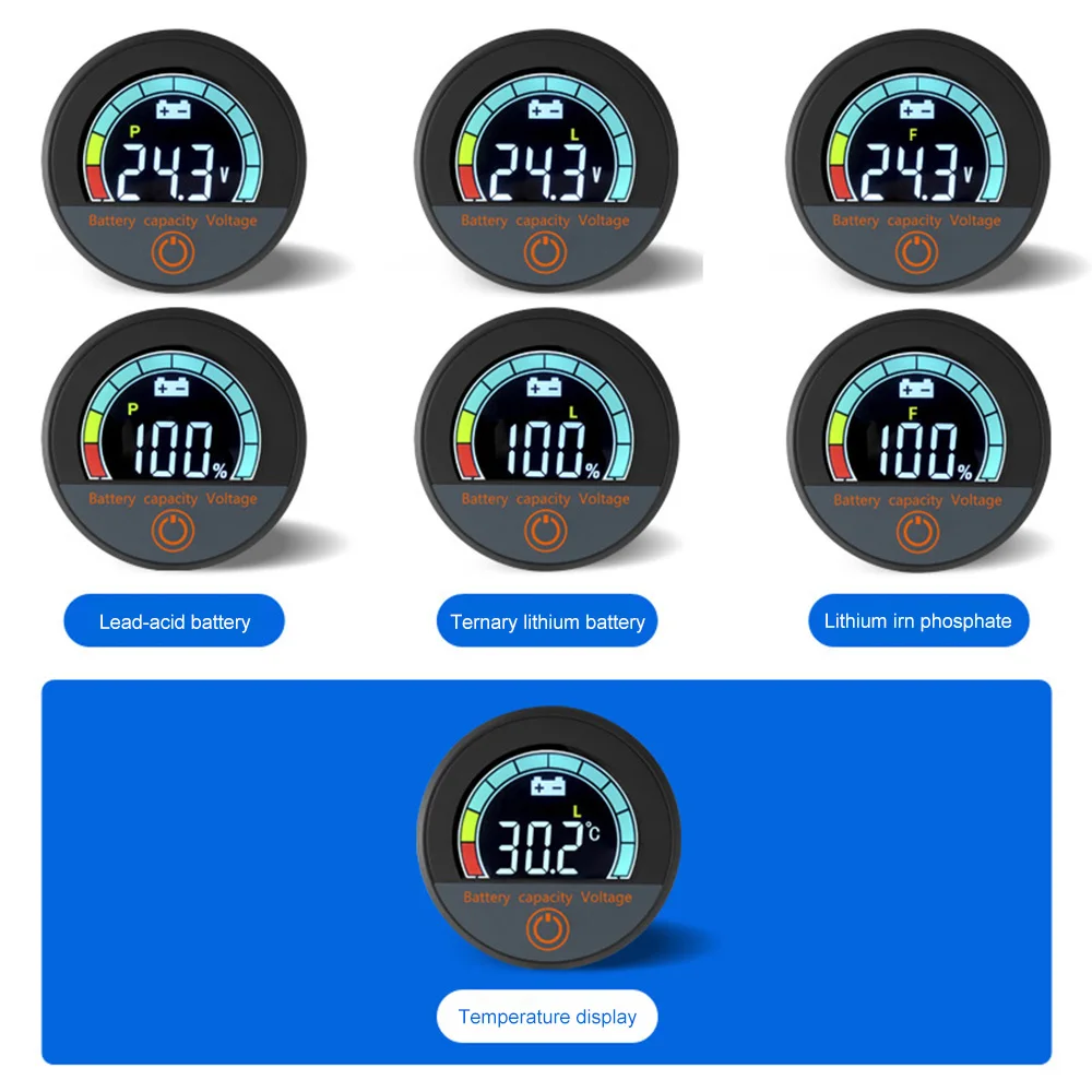 DC8-100V Digital Circular Voltmeter Waterproof Battery Capacity Monitor Car Voltage Meter Tester Battery Monitor Level Indicator