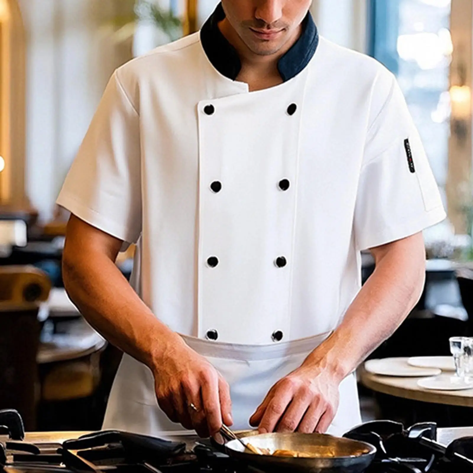ユニセックスシェフ制服ジャケット半袖夏作業服ウェイターウェイトレスサーバーバーシャ​​ツケータリングベーキングパブカフェ
