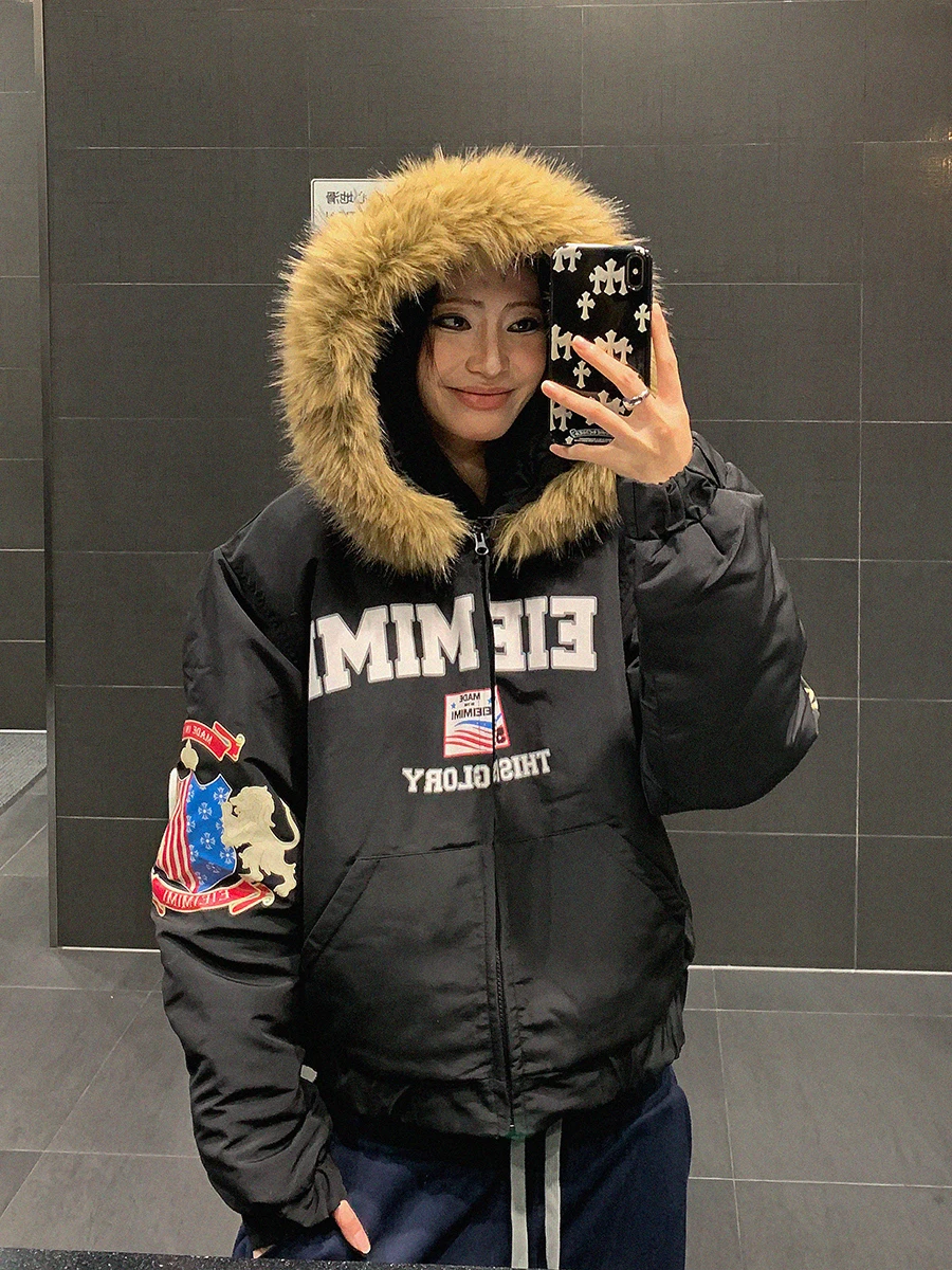 

USKM American Retro Hooded Cotton Jaet Women's Winter Loose Thi Warm Cotton Coat with Fur Collar Street Sle Sport Casual