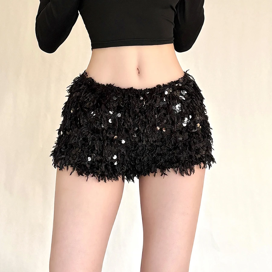 SylCue Furry Tassel Mini Shorts Woman 2026 New Style Sequin Patchwork Elastic Waist Sweet Girls Street Fashion Elegant Bottoms