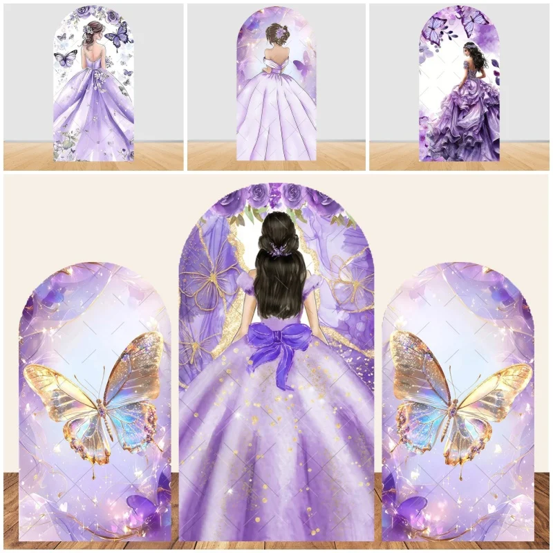 Purple Butterfly Arch Backdrop Cover Lavender Princess Dress Sweet 15th Birthday Party Decor Arched Photography Background Props