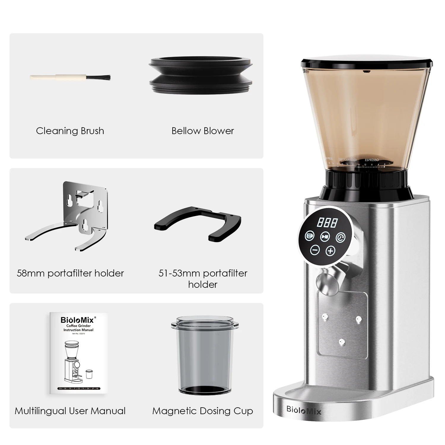 BioloMix Professioneller konischer Gratmühle, 48 einstellbare Einstellungen mit abnehmbarem Halter für Espresso-Tropfen und French-Press – Detail 16