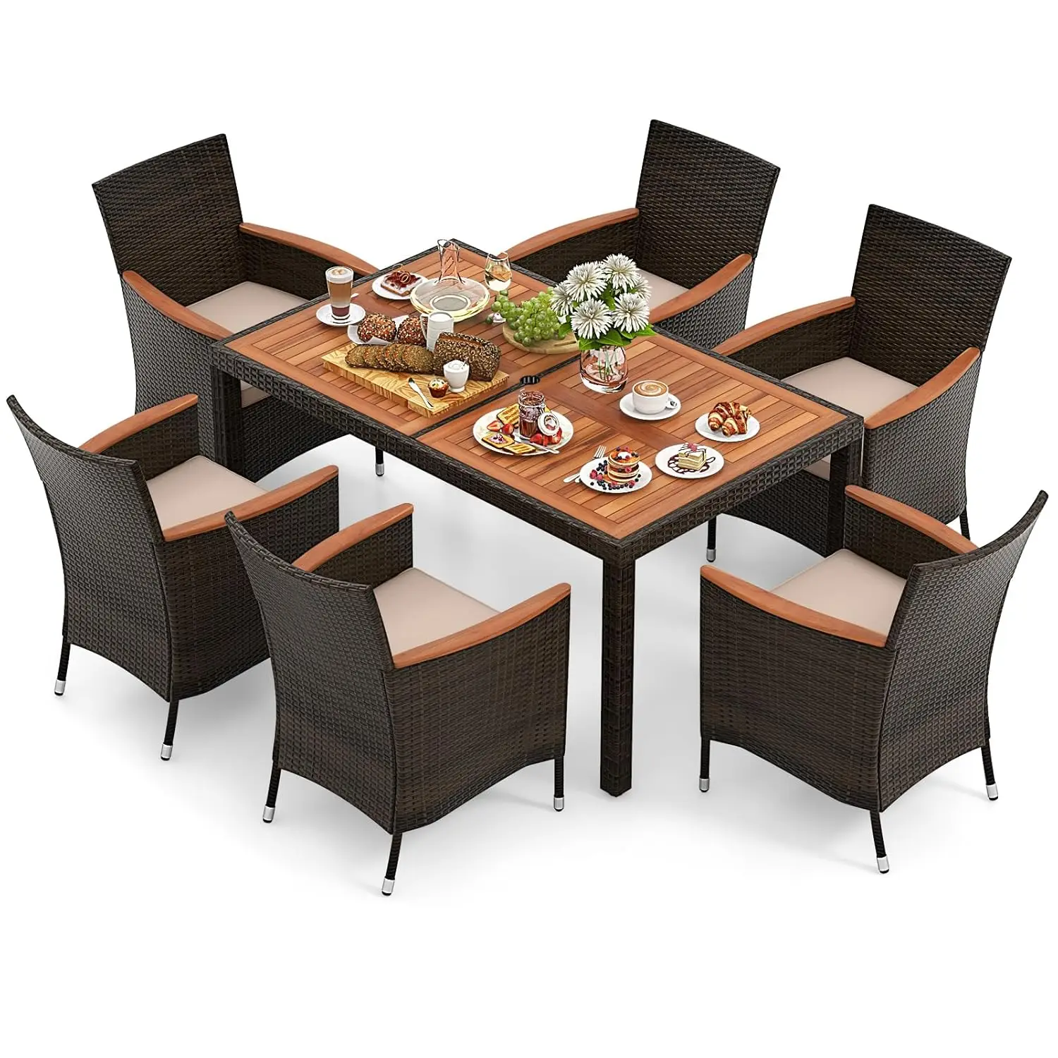 

7pc Wicker Dining Set Umbrella Hole Acacia Wood Table Chairs Outdoor Garden Backyard Poolside Customized