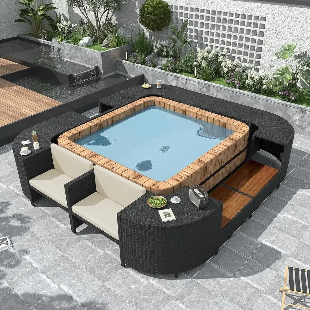 

Outdoor Cream Beige Rattan Sectional Sofa Set with Mini Sofa, Wooden Seats, and Storage Spaces