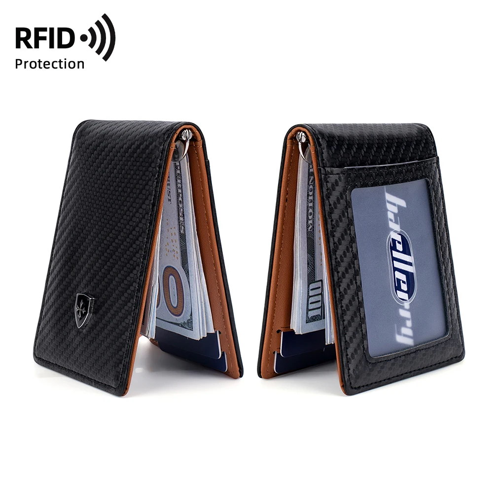 Men's Minimalist RFID Anti-Skimming Wallet Card Holder, Carbon Fiber Texture PU Leather 80% off Slim Card Holder, Metal Money Clip + ID Window, Multi-Card Slot Portable Wallet