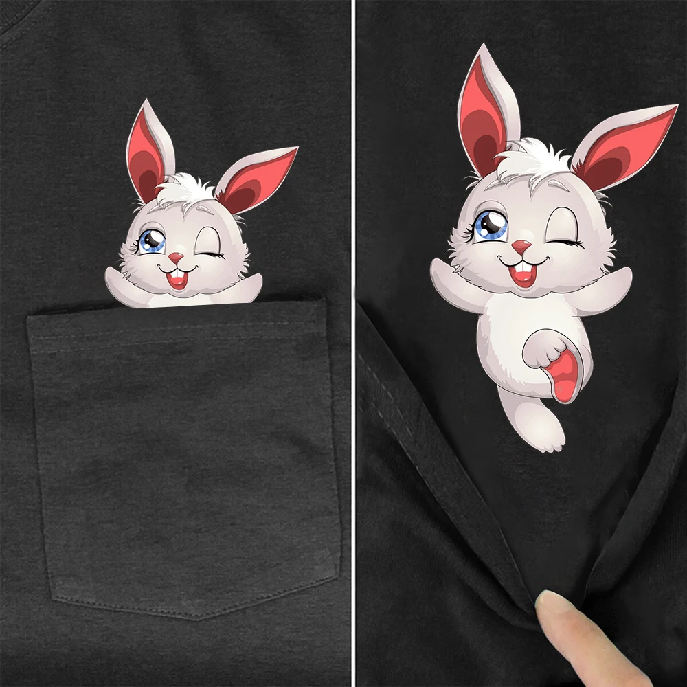 CLOOCL Cute Rabbit Women's T-shirts Black Pure Cotton Bunny Pocket Tees Funny Tees Summer Hip Hop Tops Graphic T Shirts