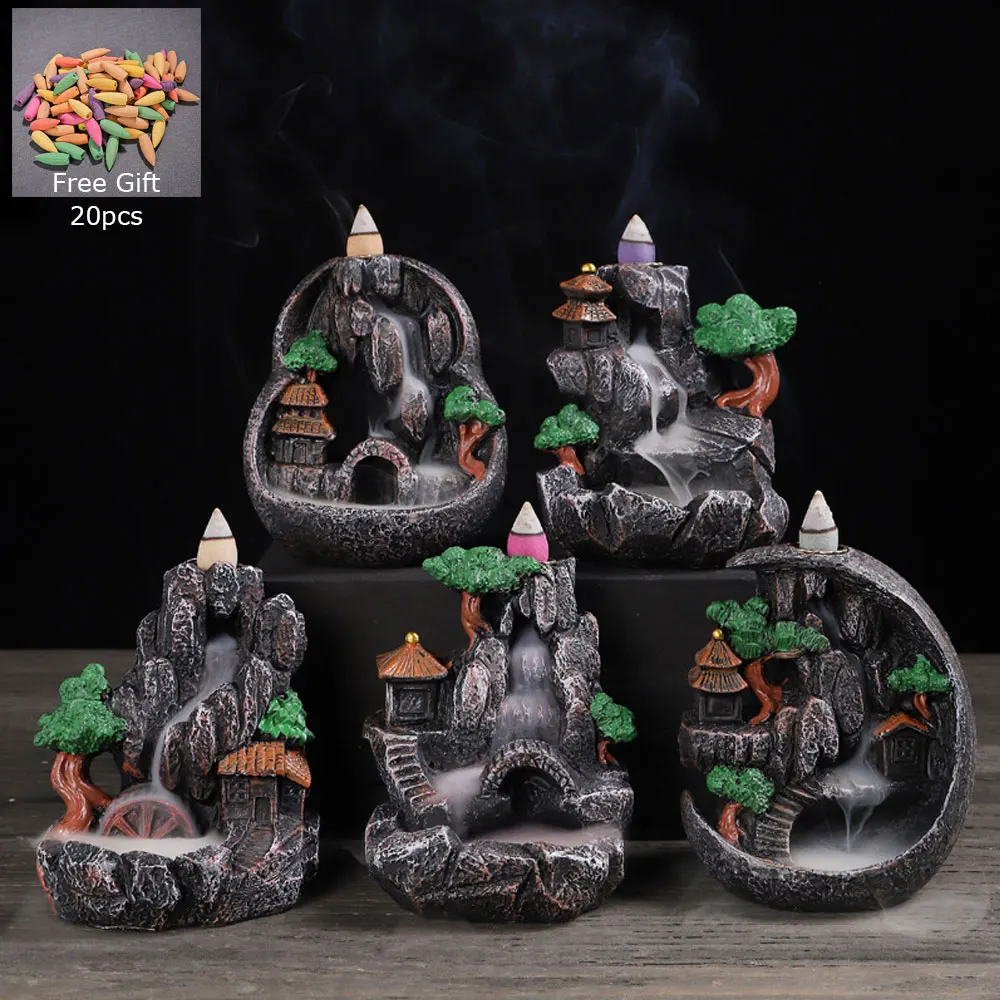 

Resin Incense Burner Backflow Aromatherapy Smoke Mountain River Waterfall Home Decoration Incense Burner Rack