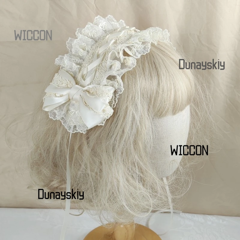 Handmade Japanese Bow Hat Elegant Ivory Lolita Headdress Floral Accent Tea Party Bridal Cosplay Matching Wrist Cuffs Hair Ribbon