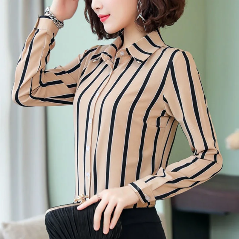 Elegant Lapel Button All-match Striped Shirt Women's Clothing 2023 Autumn New Oversized Casual Tops Loose Office Lady Blouse