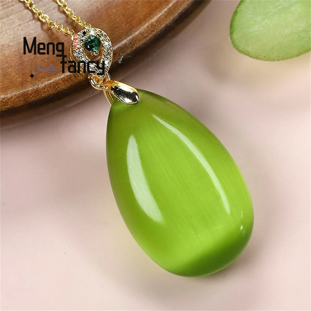 Natural Cat\'s Eye Stone Luck Water Drop Bead Pendant Hand-Carved Amulets Fashion Women Men Necklace 925 Silver Fine Jewelry Gift