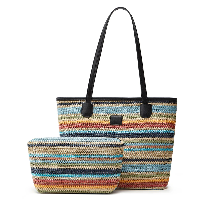

2-Piece Large-Capacity Fashionable Striped New-Style Versatile Handheld & Shoulder Tote Bag