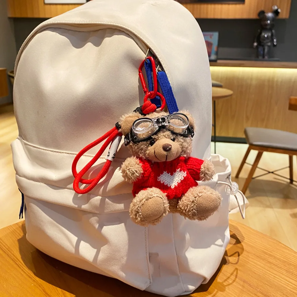 

Lovely Goggles Pilot Bear Keychain Bell Hanging Rope Plush Bear Key Ring Cartoon Pearl Stuffed Animal Pendant Couple