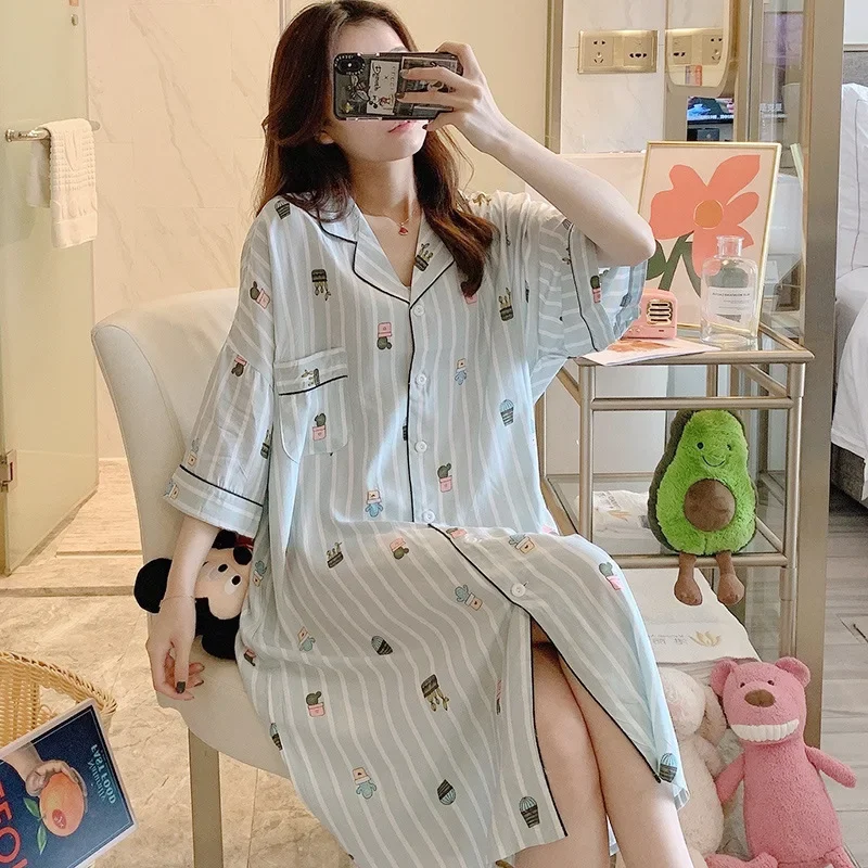 2022 New Summer Women Striped Nightgown Cotton Sleep Shirt Sleepwear Printed Night Dress Plus Size Nightwear Loose Lingerie Robe