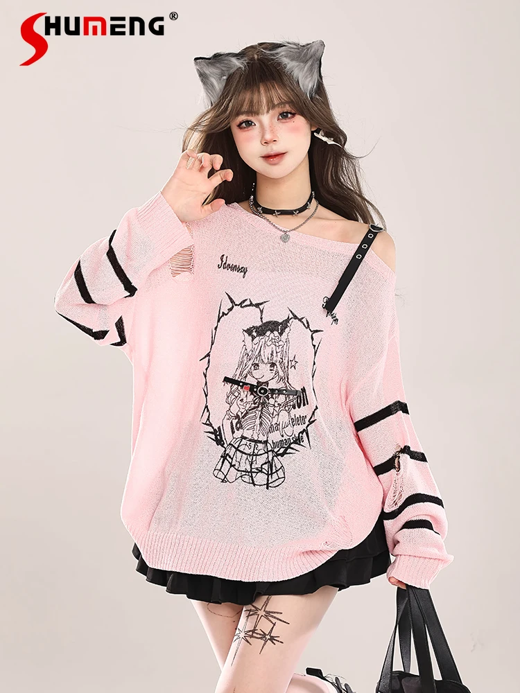 

Korean Fashion Sweet Cool Cartoon Girl Printed Off-Shoulder Long Sleeve Loose Versatile Thin Knitted Pullovers Tops Women Spring