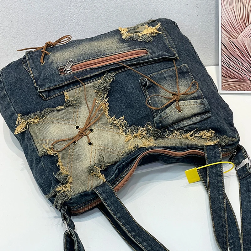 Korean Y2K Denim Cloth Bags For Womens Luxury Designer Handbag And Purse 2023 New In Vintage Distressed Large Capacity Messenger