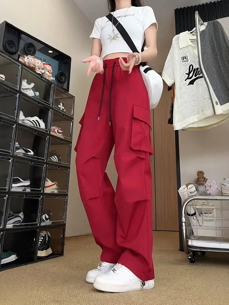 

Qui Dry Wine Red Men's Summer Thin Work Trousers Large ket Outdoor Cycling Sports Pants Loose Fit Long Straight Leg Casu...