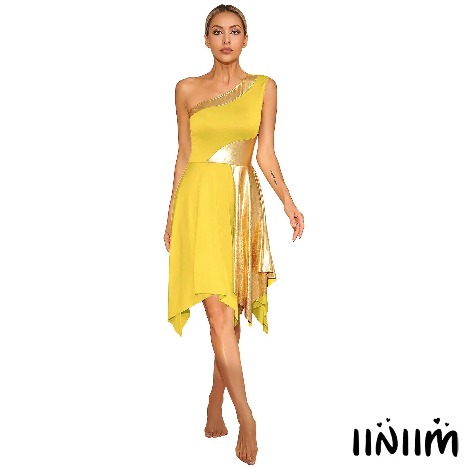 

Metallic Patchwork Lyrical Dance Dress for Womens One Shoulder Color Block Design with Irregular Hem Stage Performance Costume