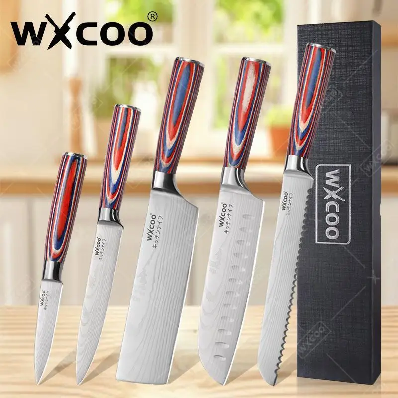 WXCOO Damaskus Laser Messer Schneiden Obst Chef Utility Messer Holzgriff Slicer Gemüse Messer Metzger Fleisch Hackmesser Geschenkbox