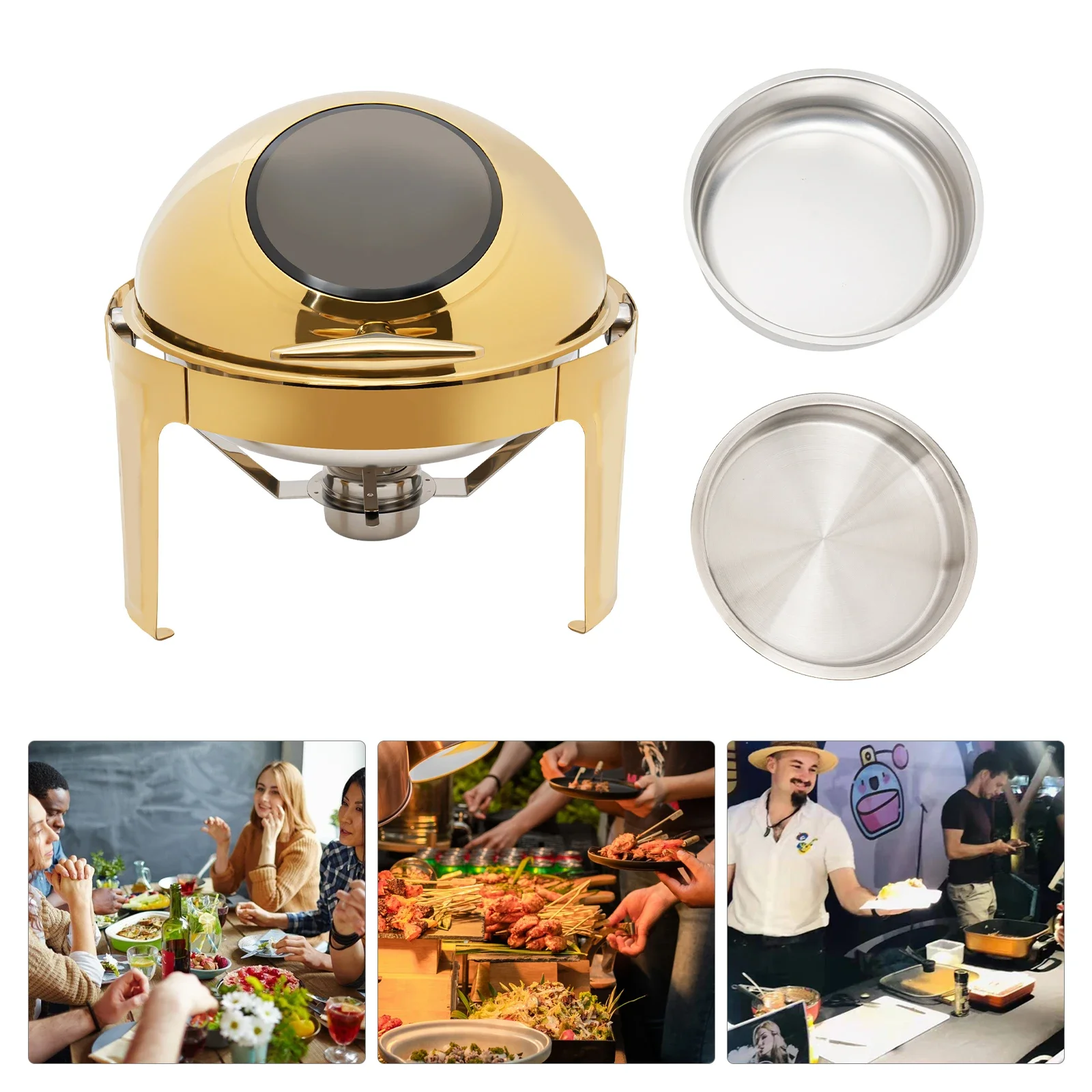 

6QT Gold Round Chafing Dish Buffet Set, Stainless Steel Roll Top Chafer with Thick Frame, Buffet Warmer Set for Events Weddings