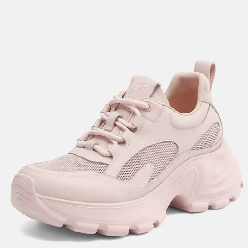 Spring/Summer Thick Soled Daddy Shoes for Women's Genuine Leather Mesh Breathable Outdoors Sports Casual Height Increasing Shoes