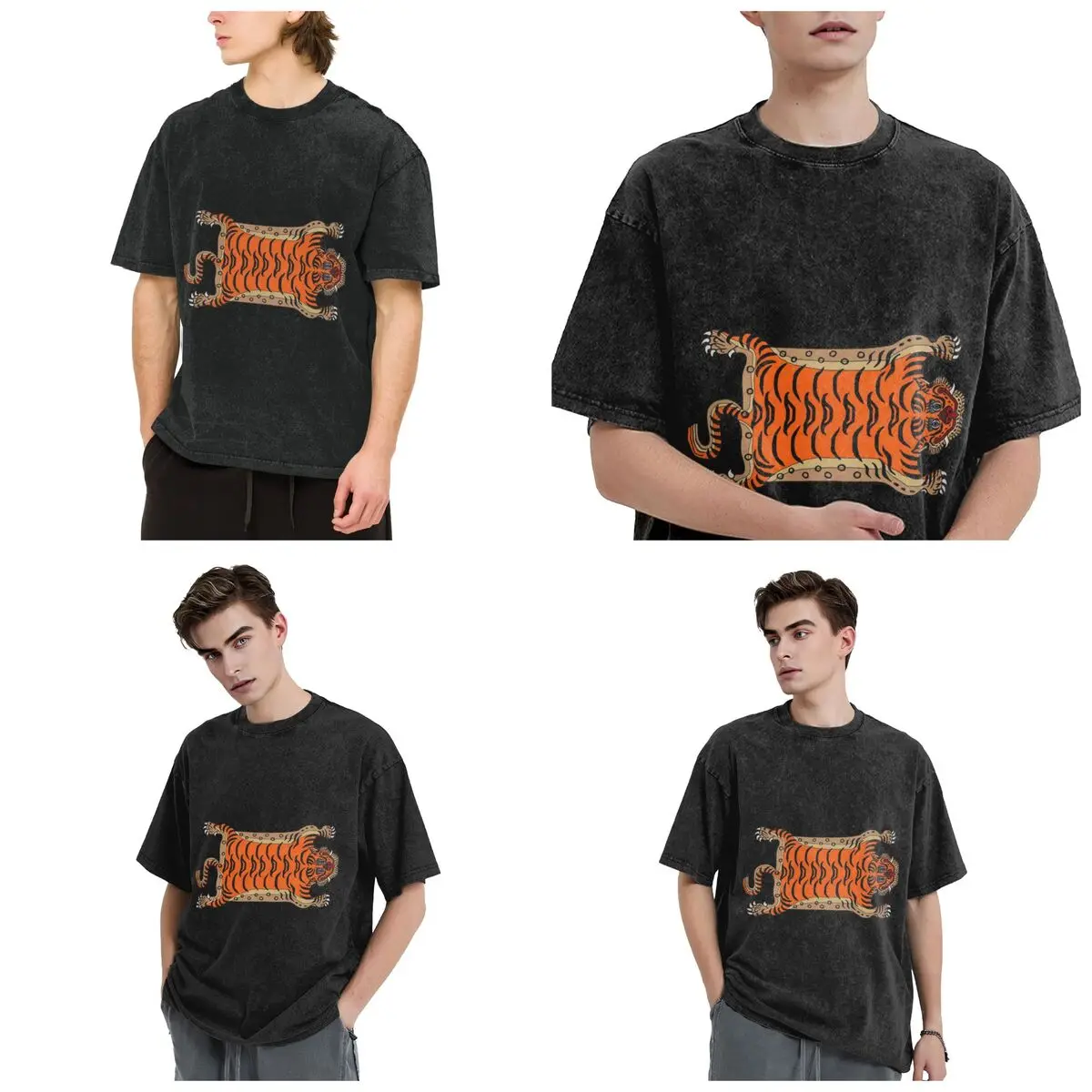 Tibetan Tiger Rug Hip Hop Short Sleeve T-Shirts Washed Tops Tees Streetwear T Shirt Vintage for Men woman