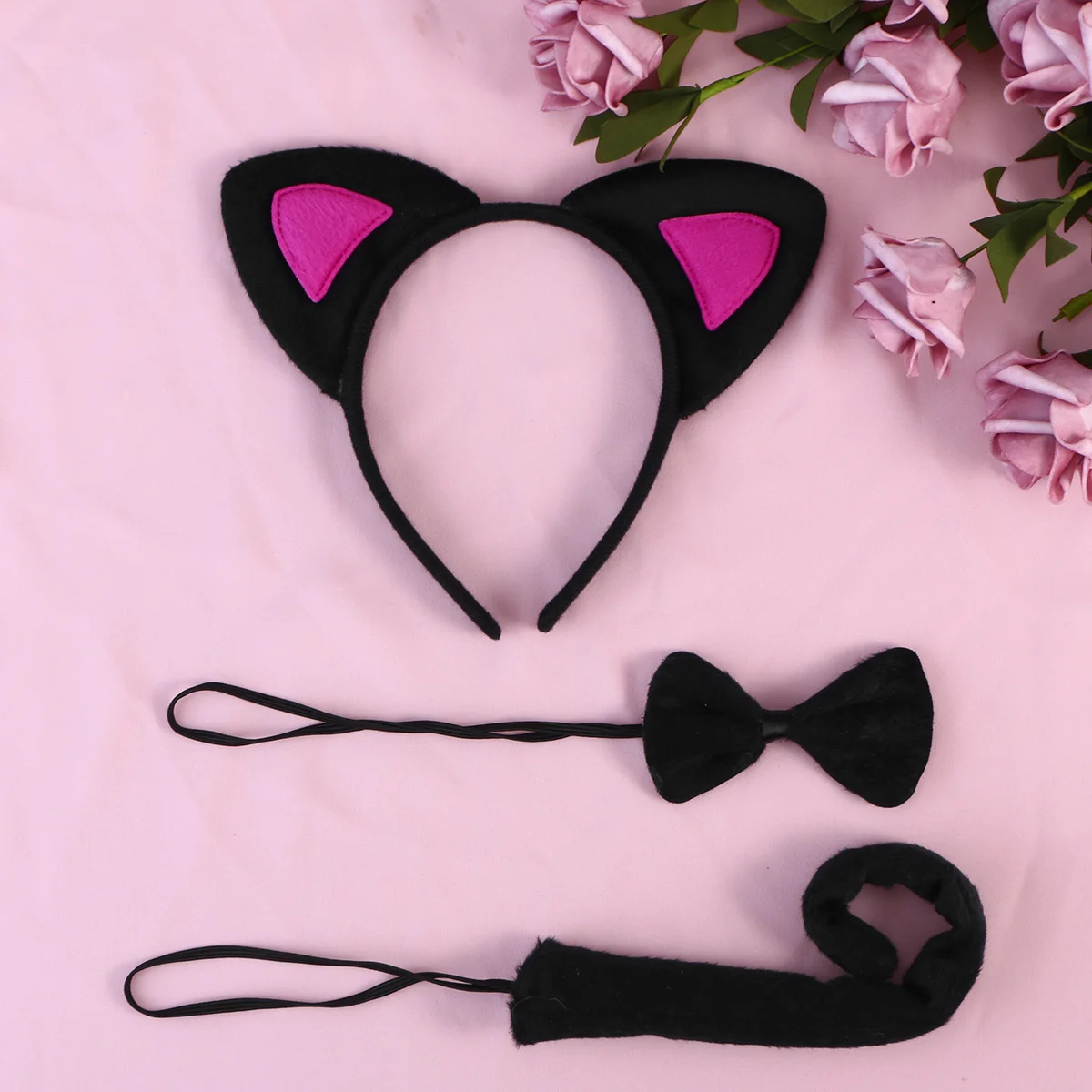 Conjunto de 3 uds de diadema con orejas de gato para niños, pajaritas y cola, disfraz de Cosplay para fiesta (negro y rosado), conjunto de cosplay de gato