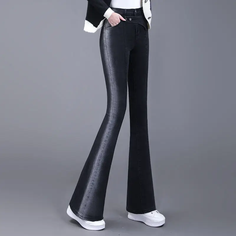 Vintage Gradient Black Korean Slim Flare Jeans High Waist Women Spring Autumn Full Pants Pocket Simple Casual Trousers ZT370