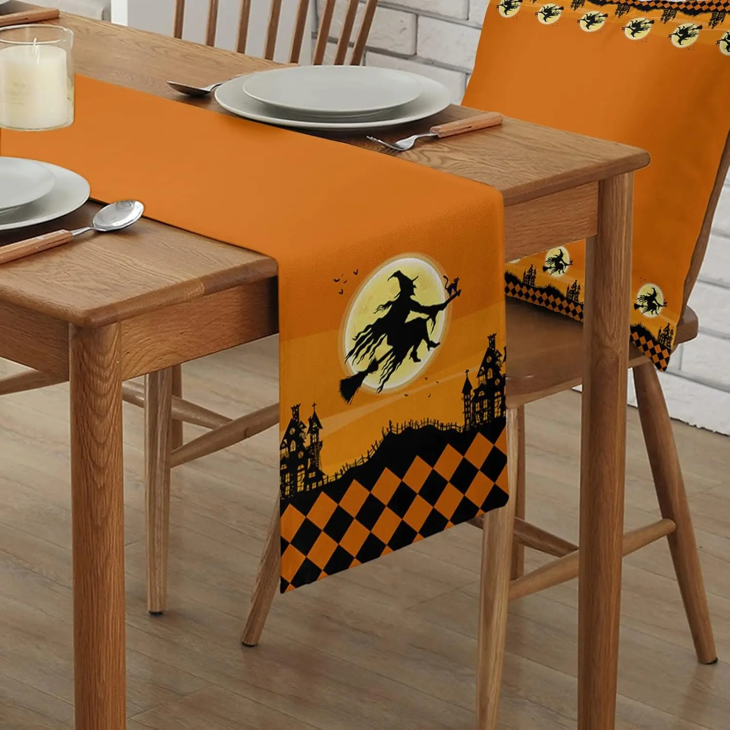 Halloween Witch Castle Linen Table Runner Holiday Party Decor Farmhouse Kitchen Dining Table Runner Halloween Decorations 2025